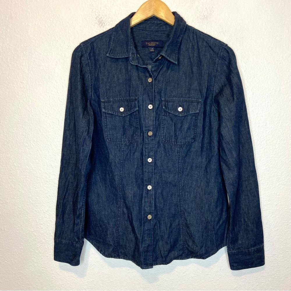 Talbots Chambray Dark Wash Button Up Collared Shirt Top 10
